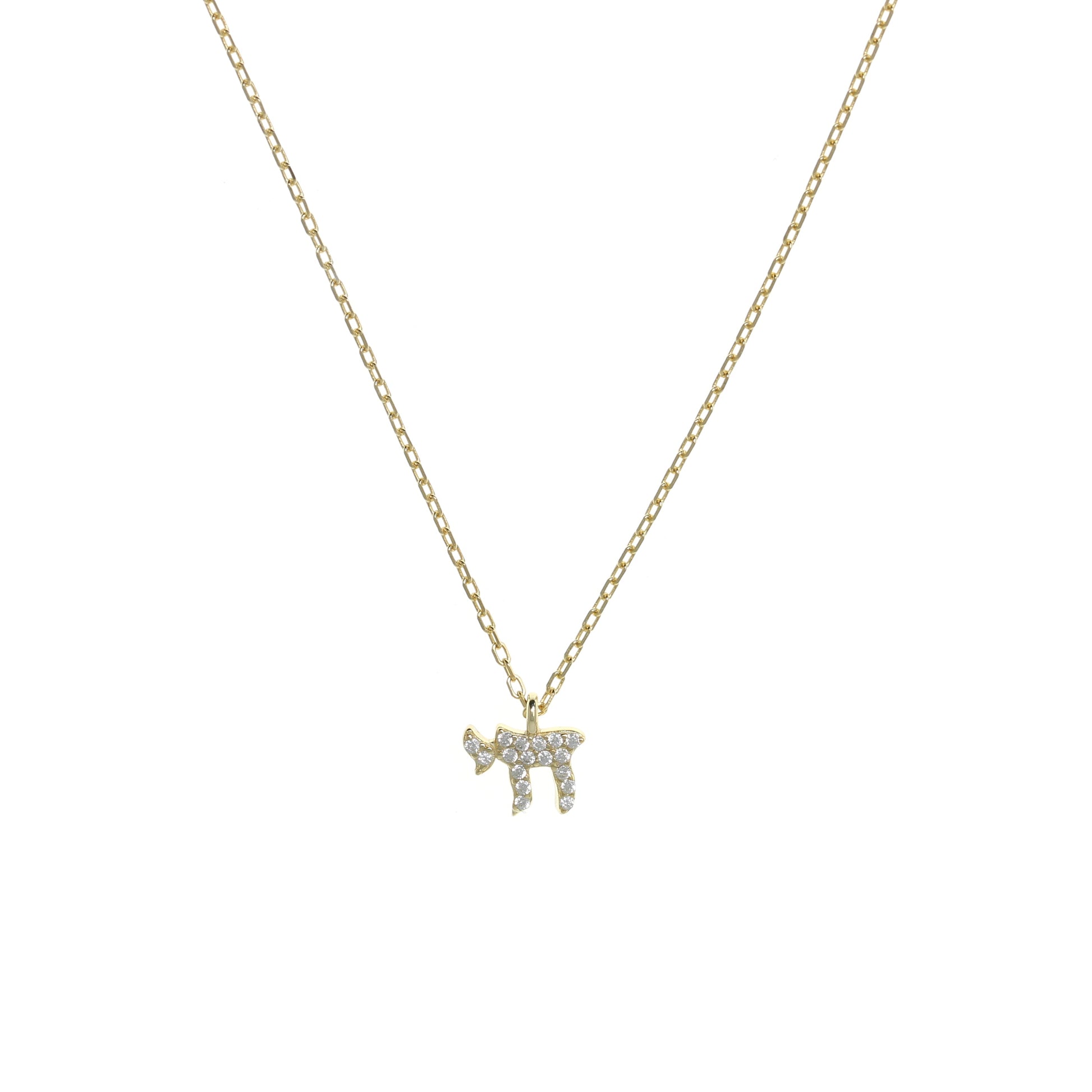 Gold plated Chain Necklace with Chai Symbol and Cubic Zirconia