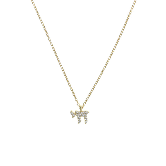 Gold plated Chain Necklace with Chai Symbol and Cubic Zirconia