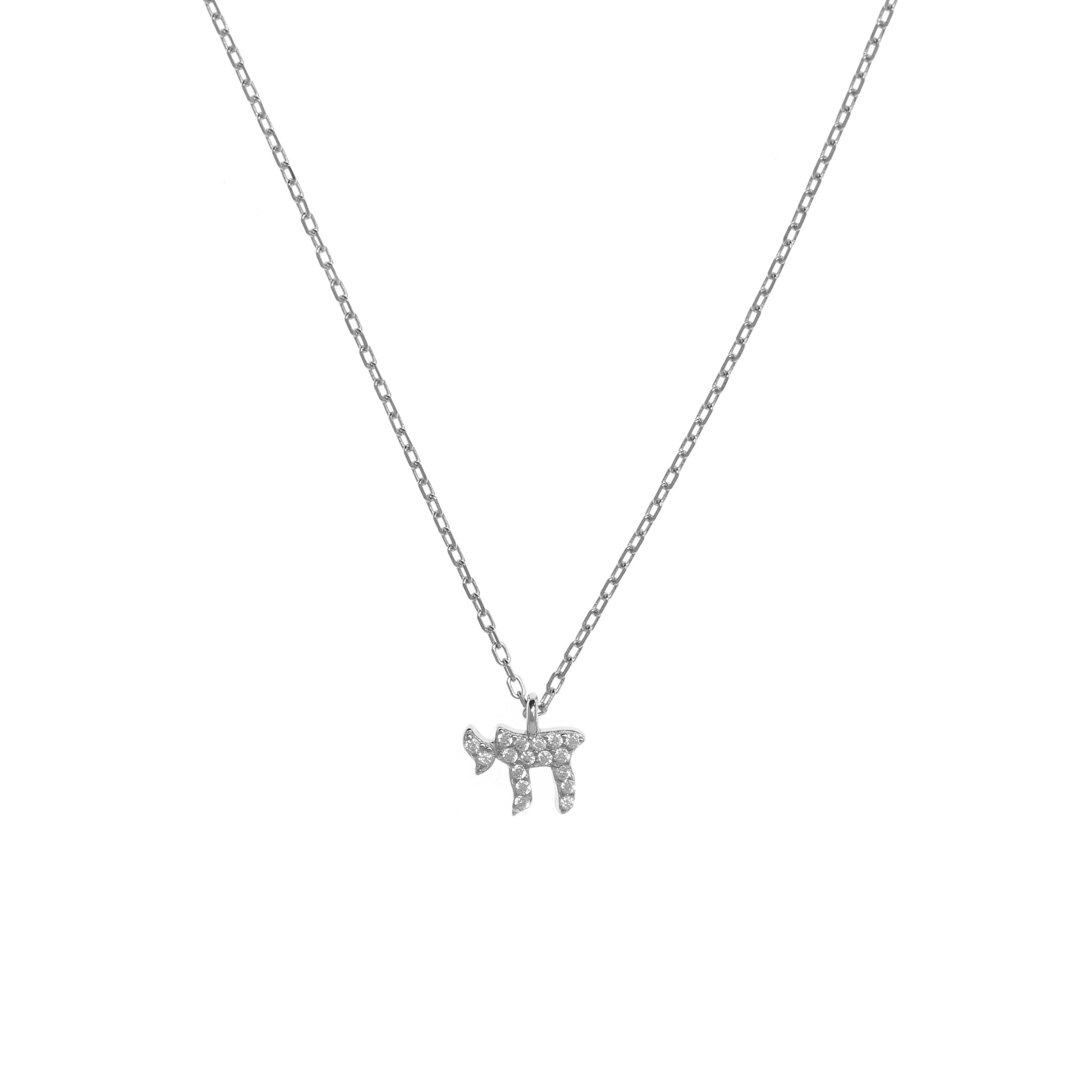 Silver Chain Necklace with Chai Symbol and Cubic Zirconia