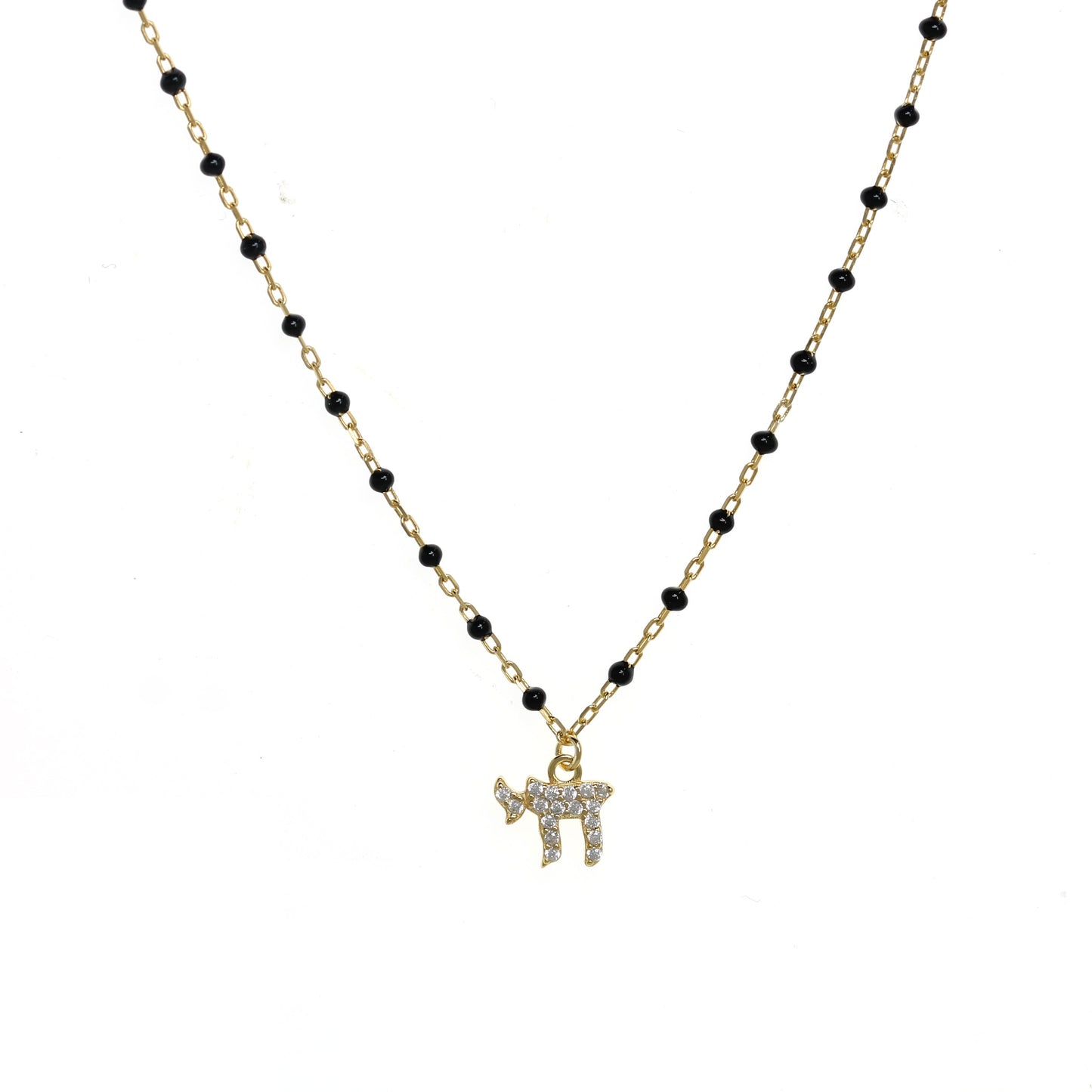 Gold-plated Chain Necklace with Chai Symbol and Cubic Zirconia, featuring Enamel Beads