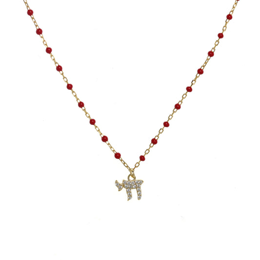 Gold-plated Chain Necklace with Chai Symbol and Cubic Zirconia, featuring Enamel Beads