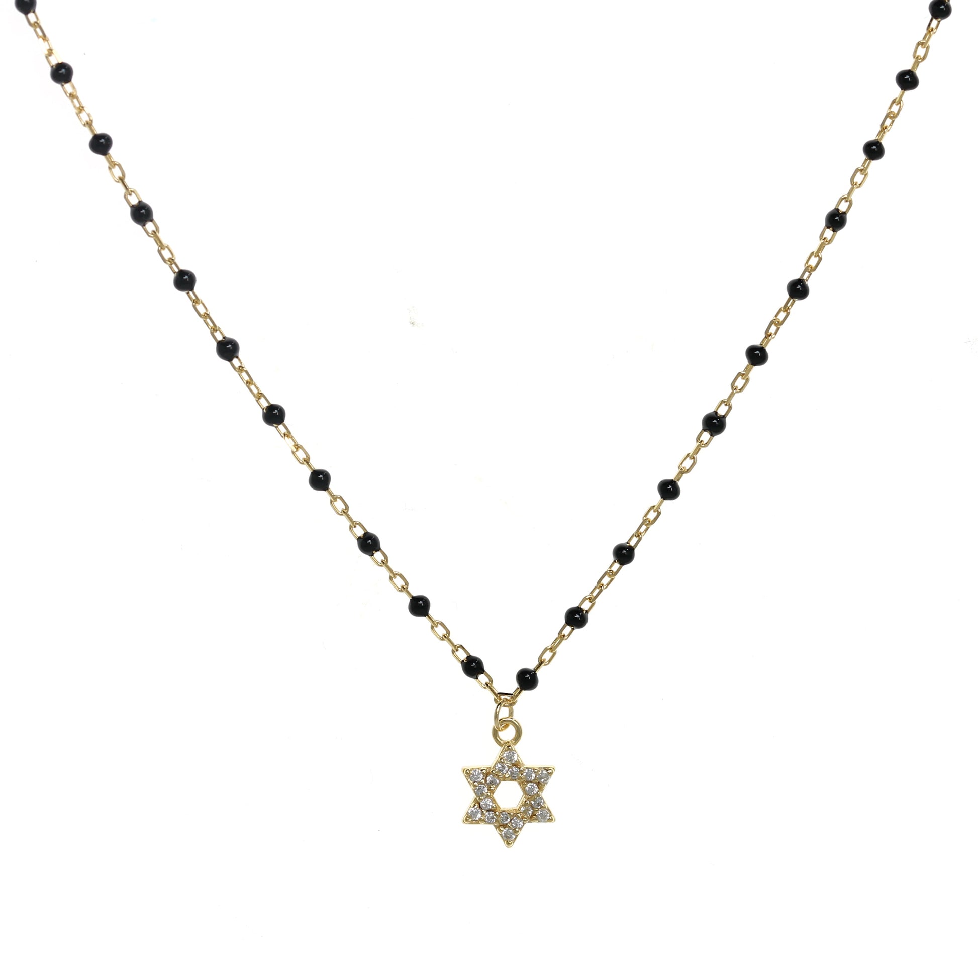 Gold-plated Chain Necklace with Star of David Symbol and Cubic Zirconia, featuring Black Enamel Beads