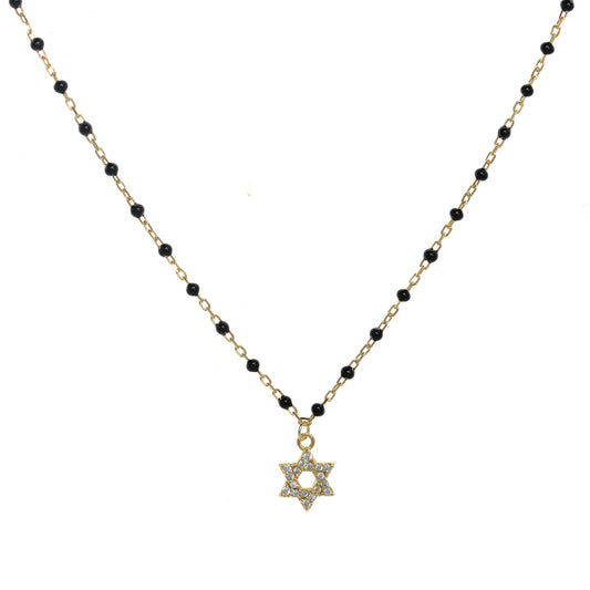 Gold-plated Chain Necklace with Star of David Symbol and Cubic Zirconia, featuring Black Enamel Beads