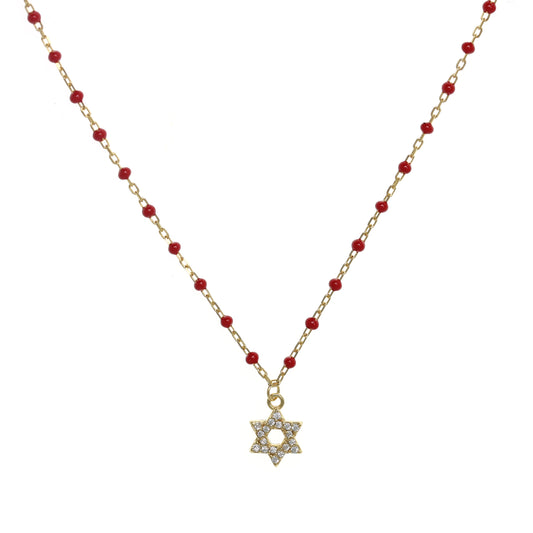 Gold-plated Chain Necklace with Star of David Symbol and Cubic Zirconia, featuring Red Enamel Beads