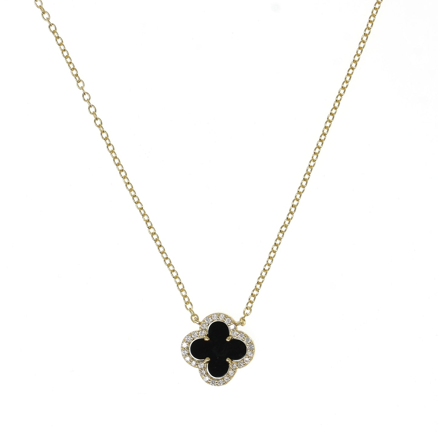 Gold Clover with Black Onyx and Cubic Zirconia Necklace
