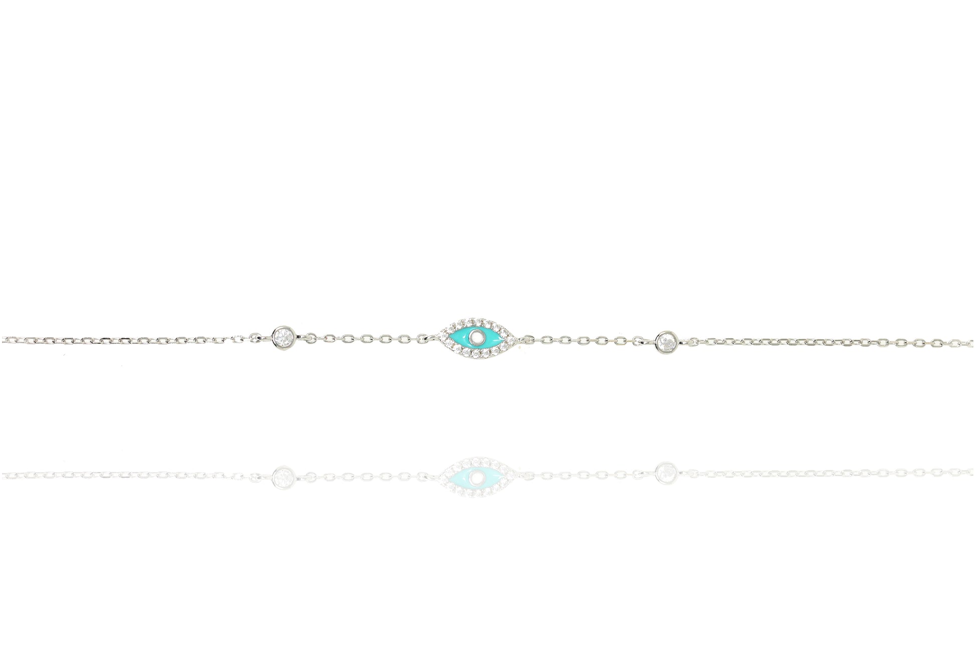 
Elegant sterling silver bracelet featuring a central enamel evil eye with intricate details.


