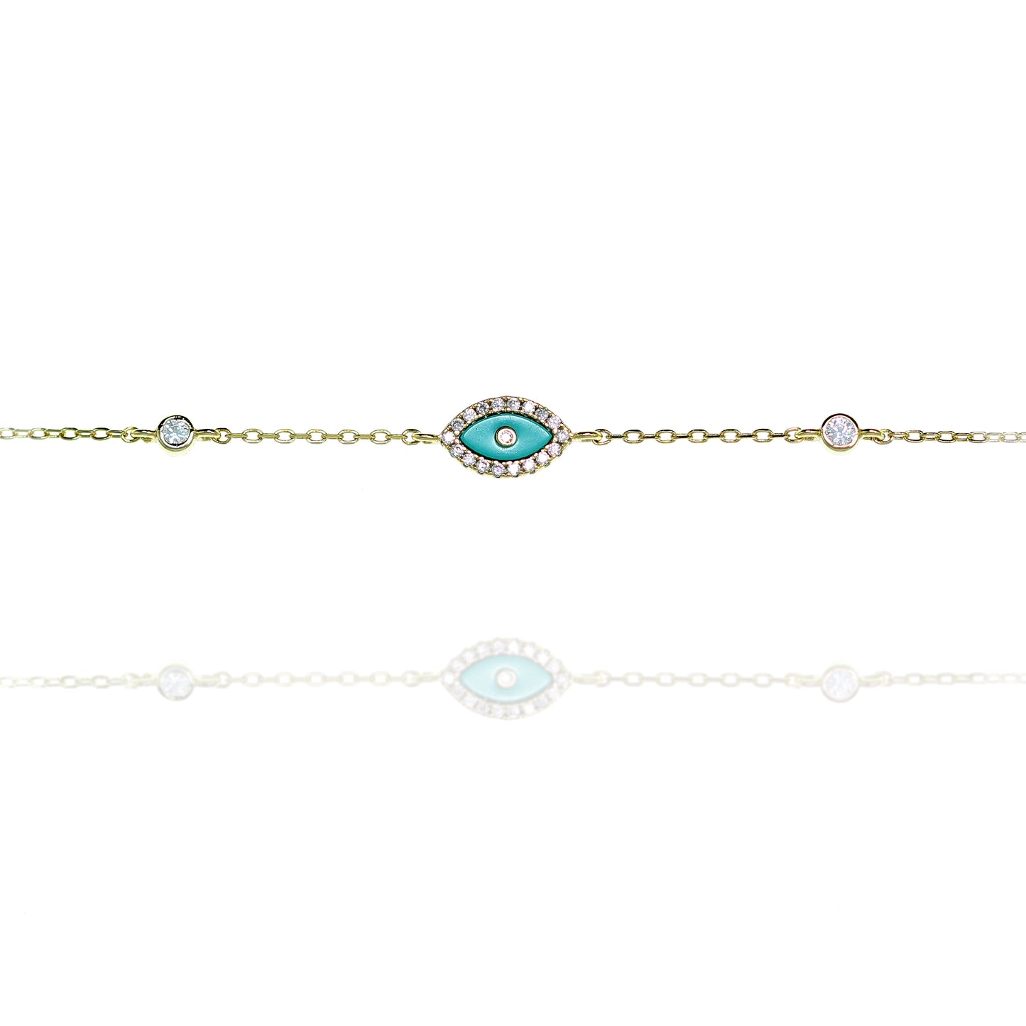 
Elegant sterling silver bracelet featuring a central enamel evil eye with intricate details.

