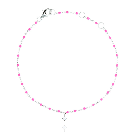 
Sterling silver chain bracelet with orange beads and a hanging CZ charm.

