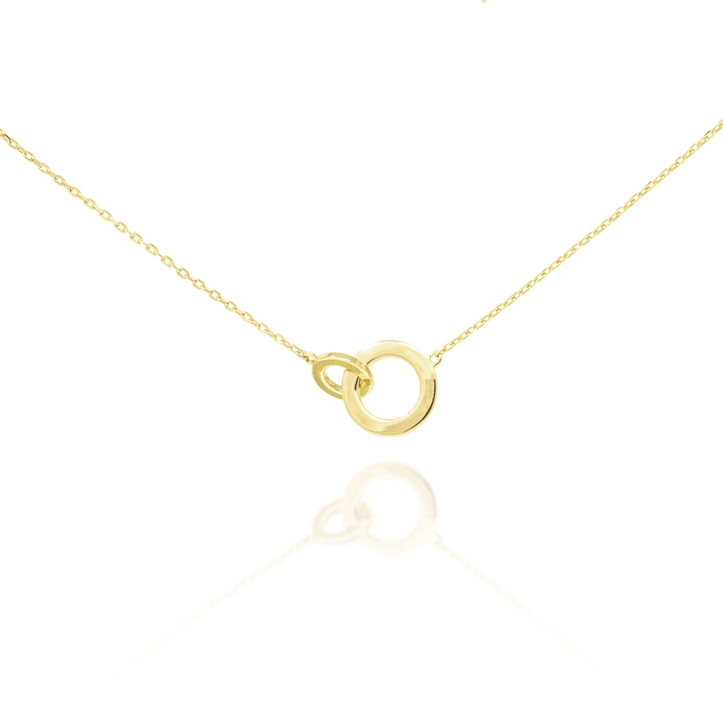 
Gold plated silver chain bracelet with intertwined hoops, showcasing a delicate design with one larger and one smaller hoop.

