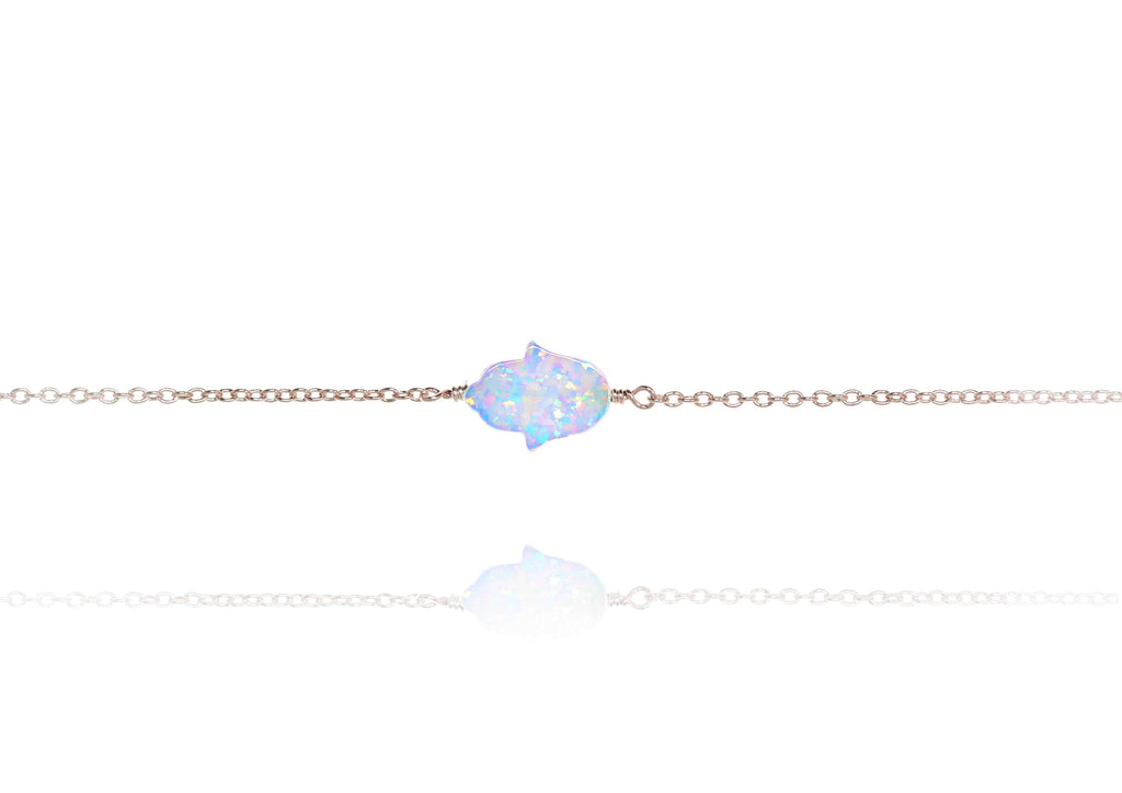 BN-510/RW - Chain Bracelet with a White Opal Hamsa Charm