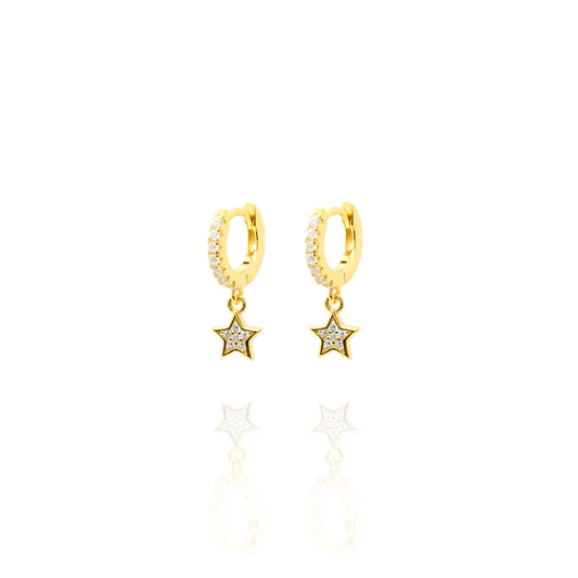 Gold plated on silver small huggie earrings rimmed with cubic zirconia and dangling star charm.

