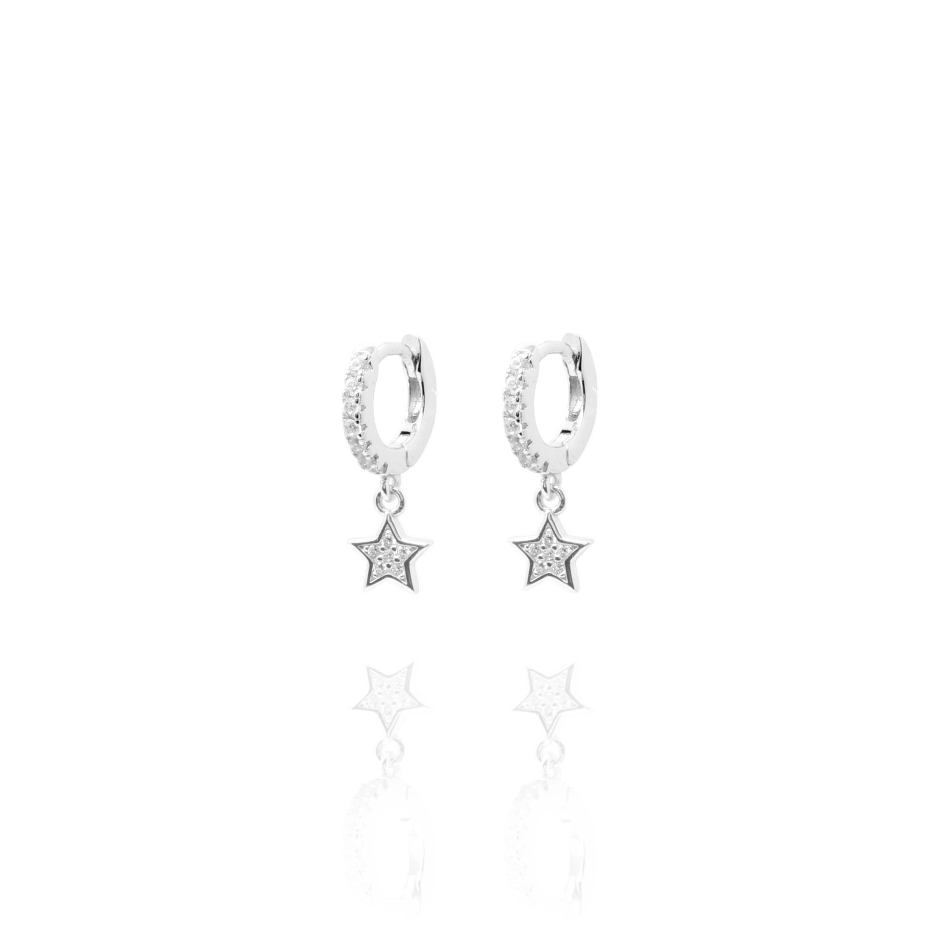 
Sterling silver huggie earrings with cubic zirconia and hanging star.

