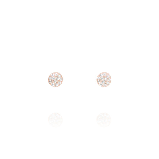 
Close-up image of rose gold plated pave disk ear studs with a diameter of 4mm.


