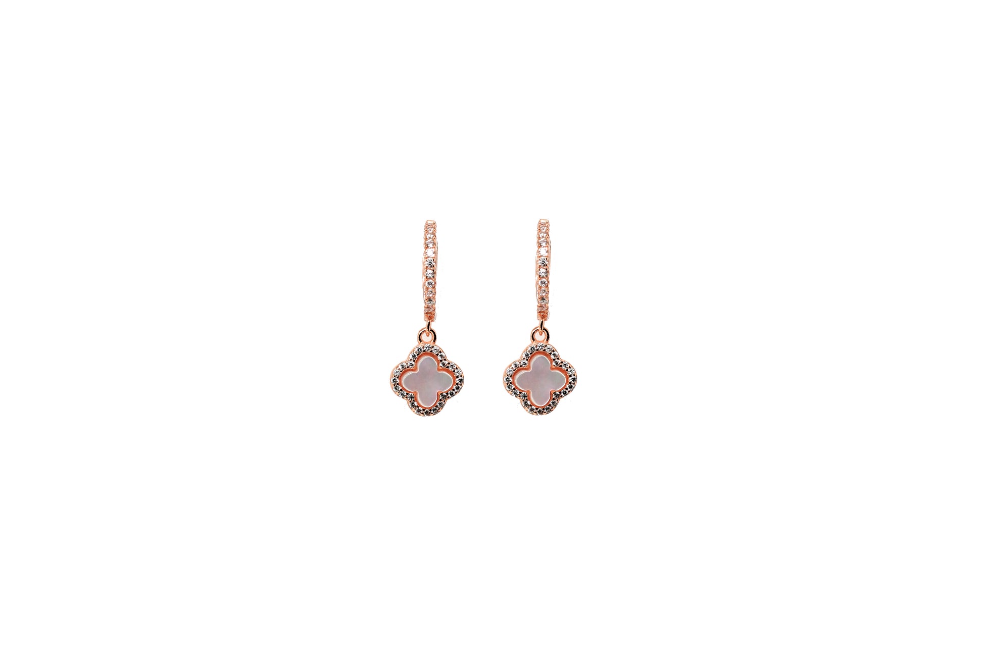 

Rose gold plated silver earrings with Mother of Pearl and Cubic Zirconia accents, quatrefoil design, 12mm diameter hoops

