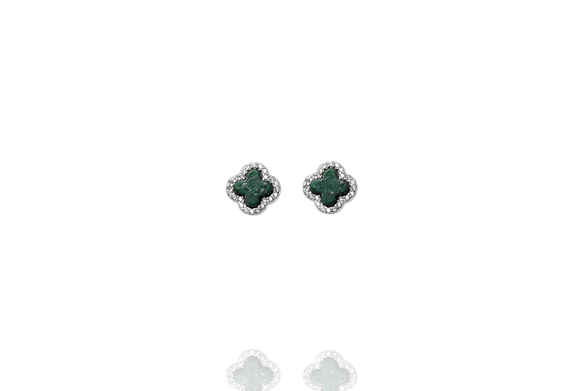 
Pair of sterling silver earrings with malachite clover centre and a rim of white CZ stones.
