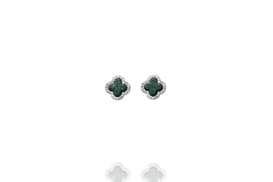 
Pair of sterling silver earrings with malachite clover centre and a rim of white CZ stones.
