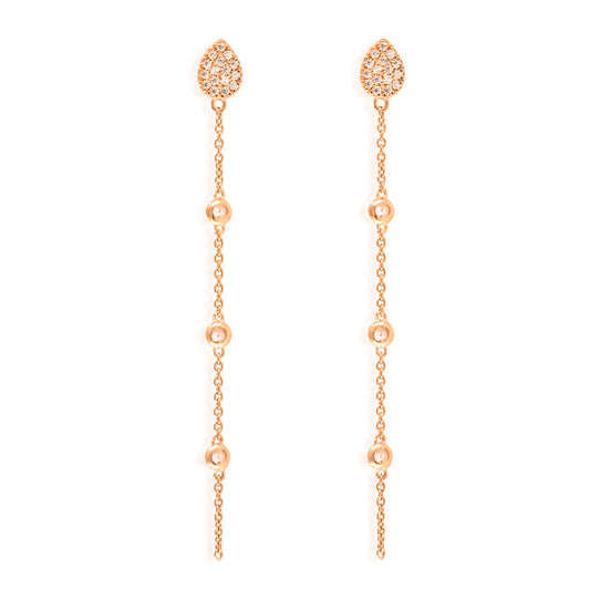 
Elegant rose gold teardrop earrings with pave Cubic Zirconia and hanging chain featuring beads.

