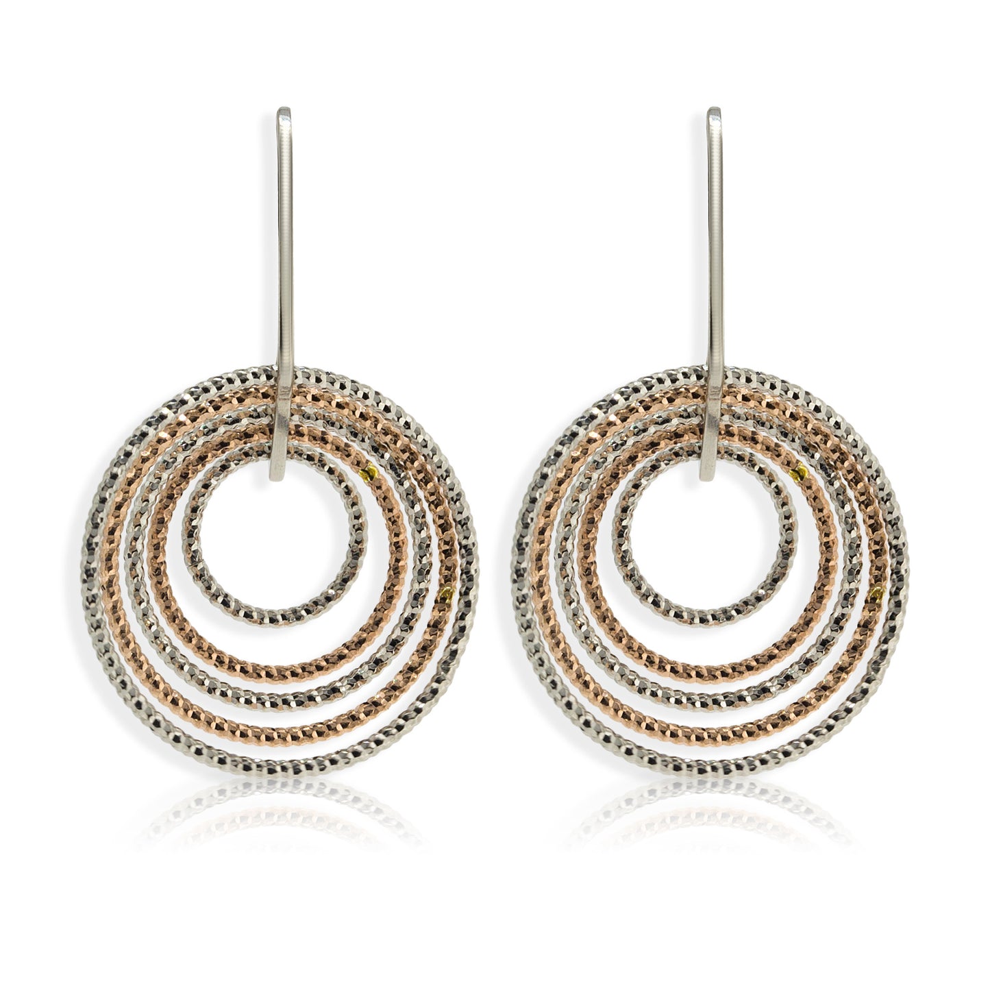
Rose gold and silver diamond-cut pattern single drop hoop earrings with five interlocked hoops  

