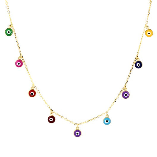 
Gold plated necklace with nine hanging multi-coloured evil eye pendants  

