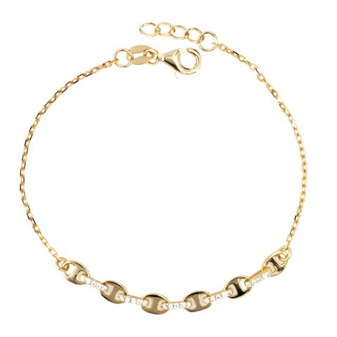 
Gold plated on silver bracelet with polished links and intricate craftsmanship, adjustable length from 15 cm to 19 cm.


