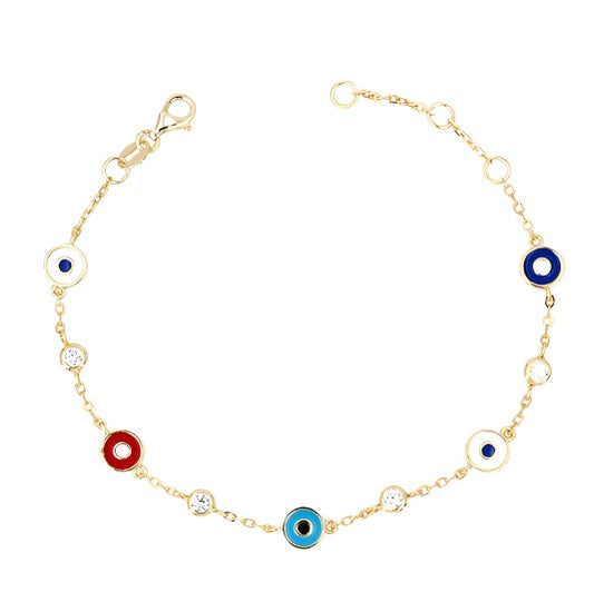 
Gold-plated silver bracelet with multi-coloured enamel discs and cubic zirconia stones

