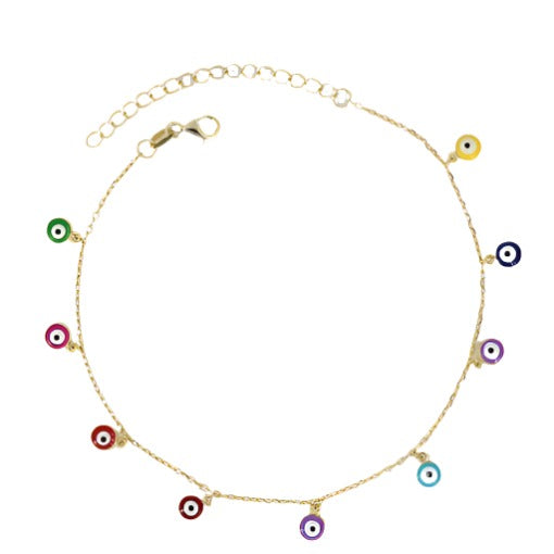 
Ankle Bracelet with multi-coloured evil eyes, featuring nine vibrant charms on a delicate chain with an adjustable lobster clasp.

