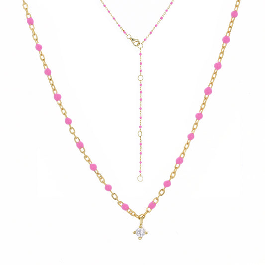 NG-10/G/F - Chain and Bead Necklace with Hanging Cubic Zirconia (New Colour)