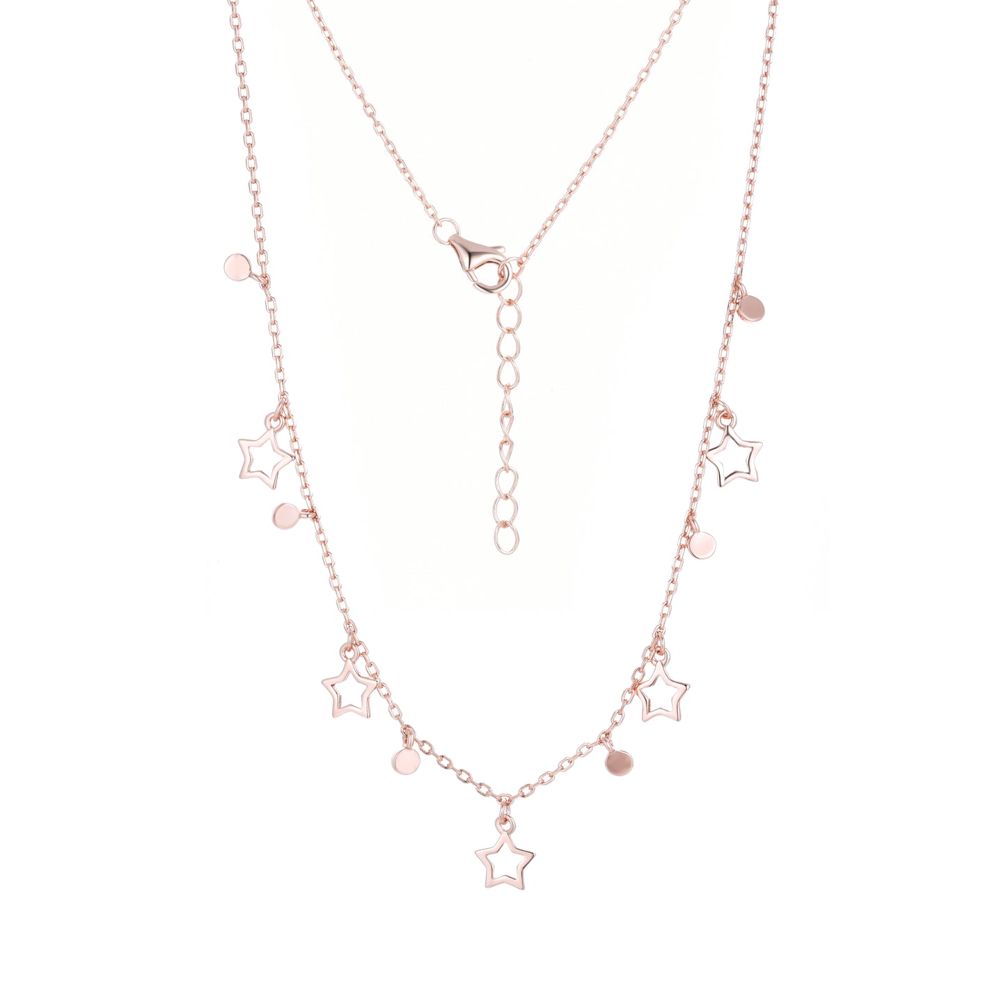 
Rose Gold Plated Star Dangle Necklace with layered chains and star charms

