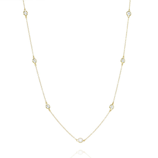 
Gold plated on silver, long chain necklace with bevel set cubic zirconia, length of chain 100 cm.


