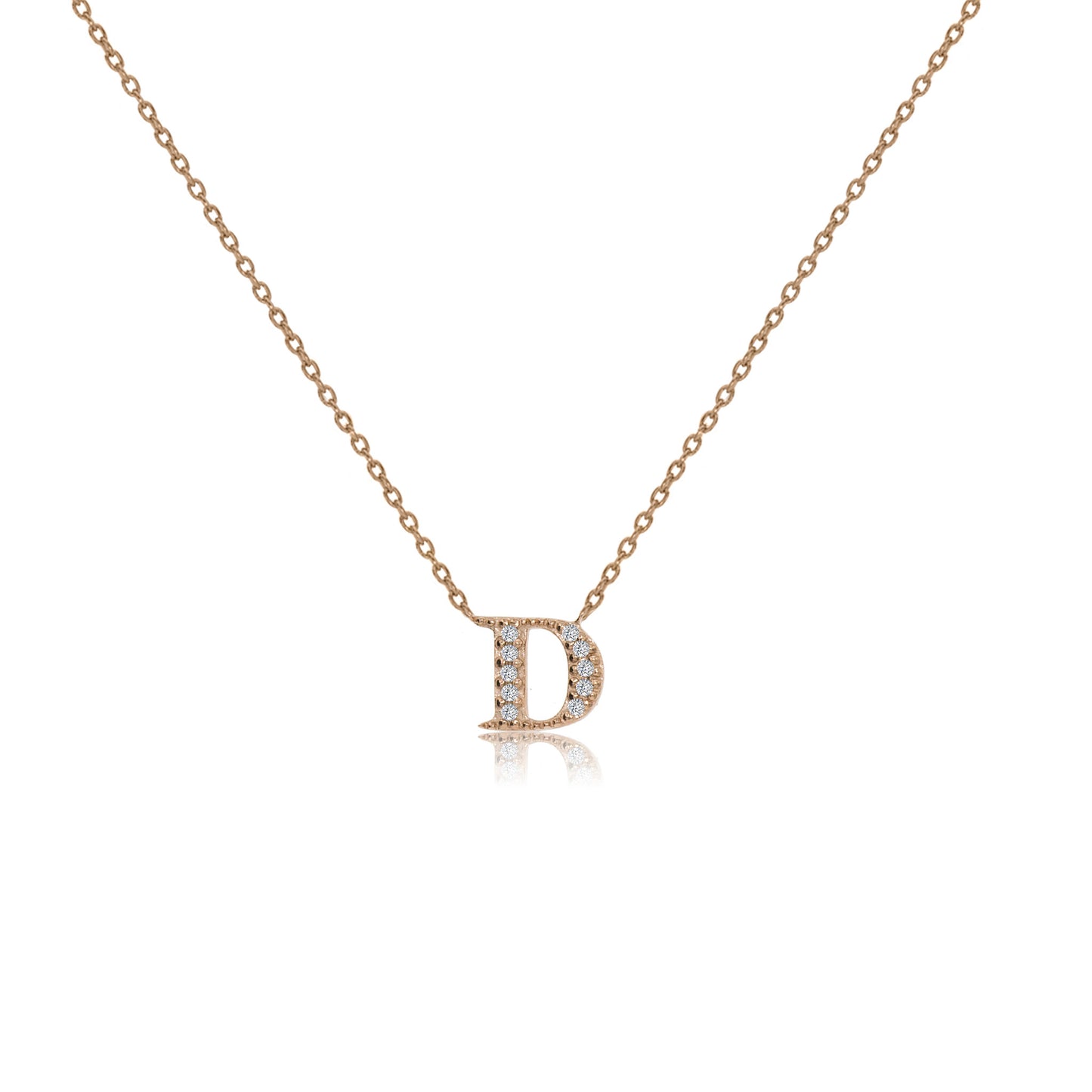 
Rose gold plated initial necklace with cubic zirconia on adjustable chain.

