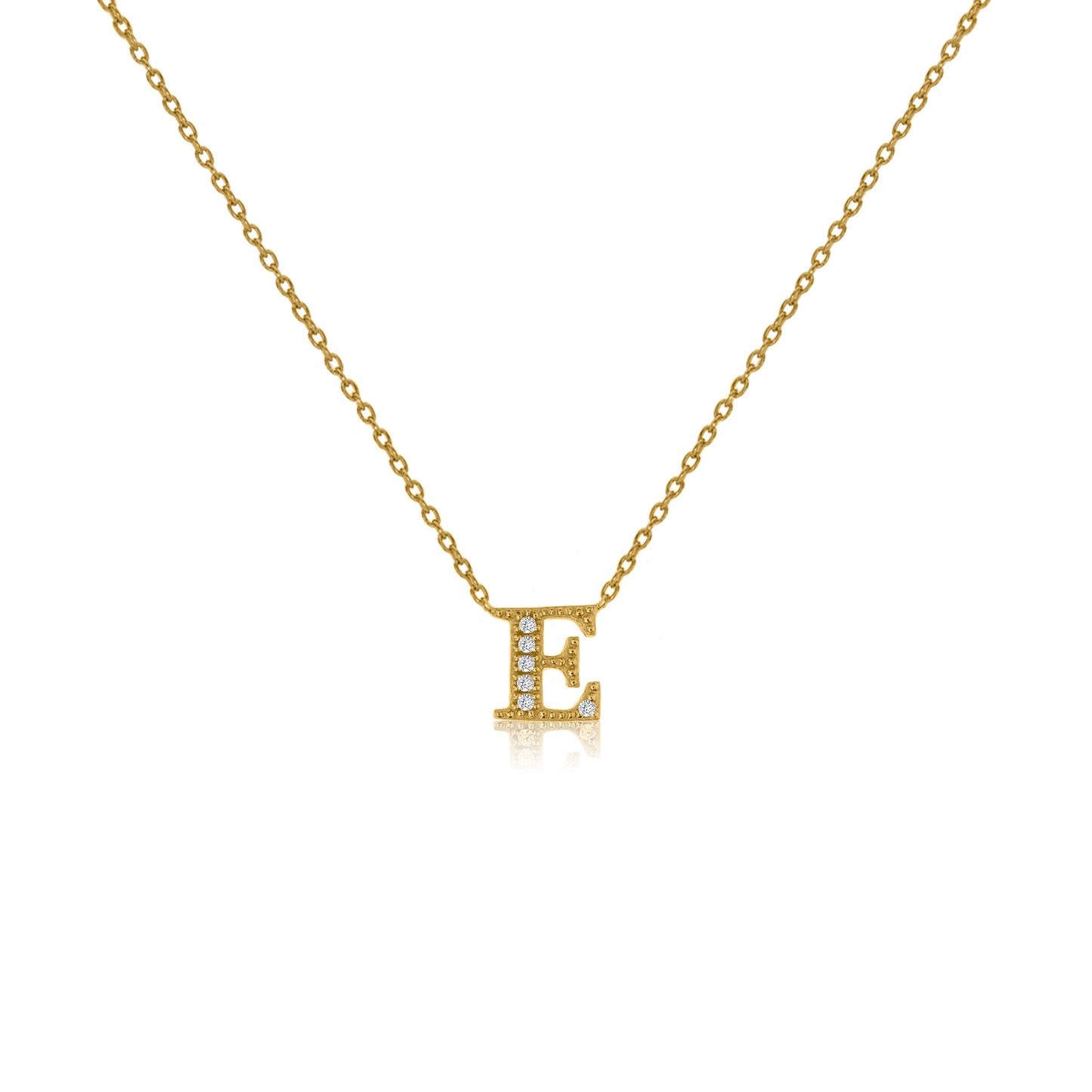 
Gold-plated necklace with 'E' initial pendant adorned with cubic zirconia stones and an adjustable chain.

