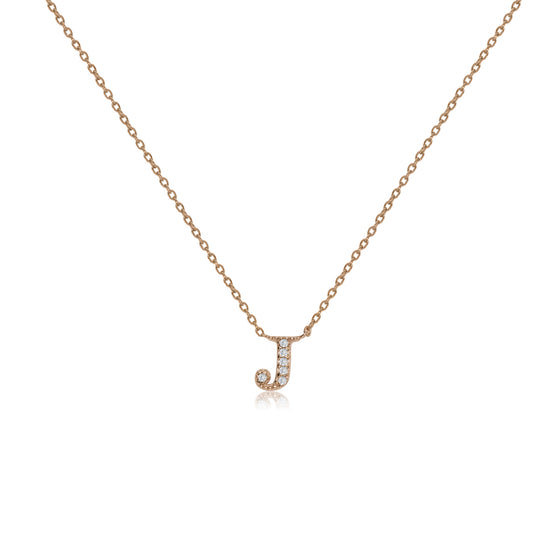 
Rose gold plated silver initial necklace J with cubic zirconia decoration.

