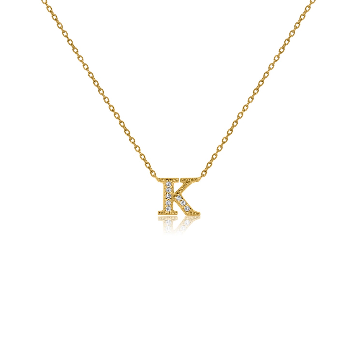 
Gold plated on silver initial necklace with CZ decoration, featuring the letter 'K' on a fine linked chain and a sliding length adjuster.

