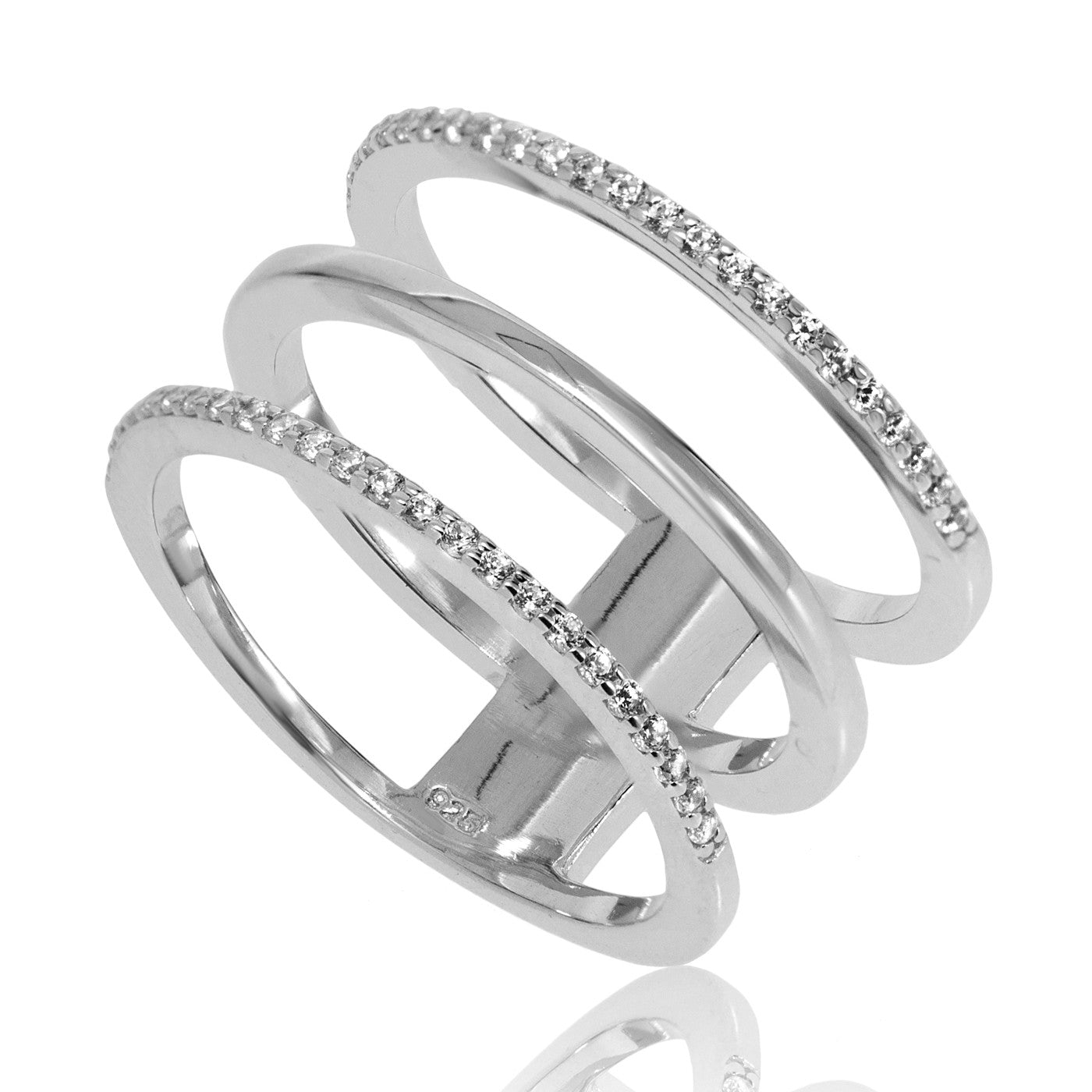 
Gold-plated open claw ring with large Cubic Zirconia on one side and small

