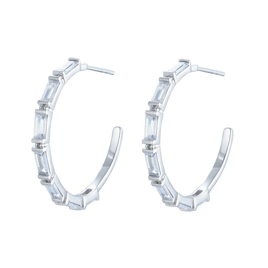 

Sterling silver open hoop earrings with baguette-style cubic zirconia (CZ), approximately 3.5 cm in diameter.

