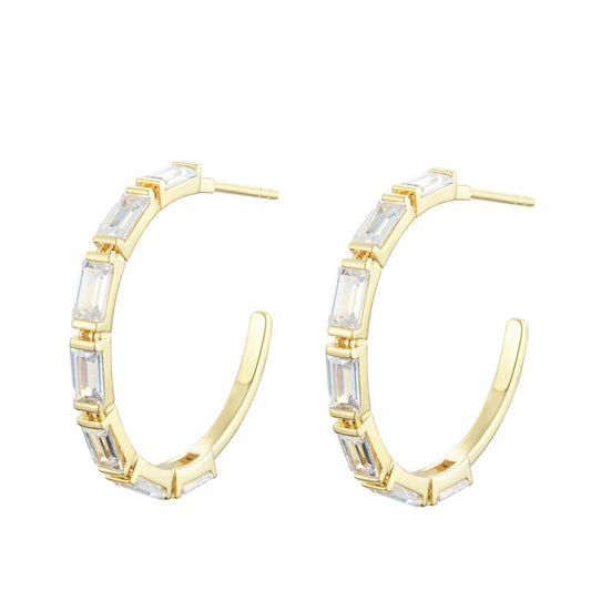 
Gold plated open hoop earrings with baguette style cubic zirconia stones, 3.5 cm diameter

