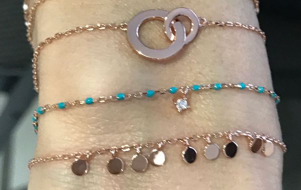 
Rose gold plated on silver chain and turquoise bead bracelet with hanging cubic zirconia charm

